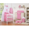 Sengesæt til tremmeseng i 5 dele med myggenet - Hanging Hearts  Lyserød Pink Ternet