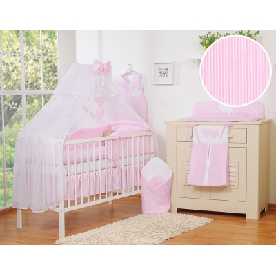 5-delt sengesæt til babyseng Hanging Hearts  Lyserød Pink Striber