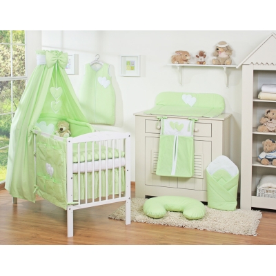 Baby sengesæt i 7 dele med sengehimmel - Hanging Hearts  Grøn