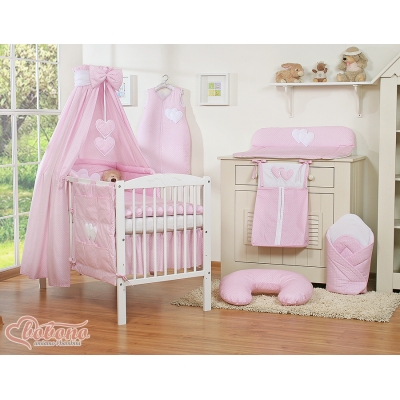 Baby sengesæt i 7 dele med sengehimmel - Hanging Hearts  Lyserød Pink Polkaprikker