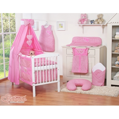 Baby sengesæt i 7 dele med sengehimmel - Hanging Hearts  Lyserød Pink Ternet