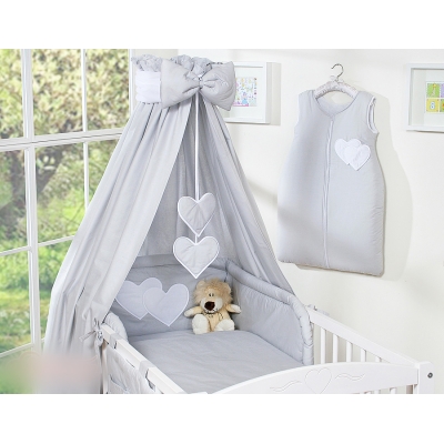 Babysengesæt i 5 dele med sengehimmel - Hanging Hearts  Grå