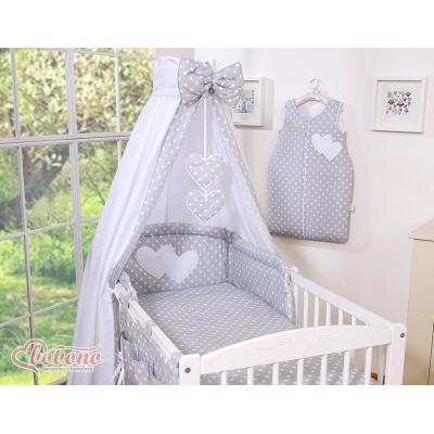 Babysengesæt i 5 dele med sengehimmel - Hanging Hearts  Grå Polkaprikker