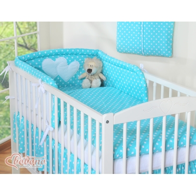 Babytremmeseng Universel sengerand - Hanging Hearts  Turkis Polkaprikker
