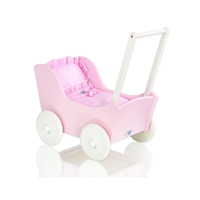 Dukkevogn i træ  Lyserød Hvid Pink