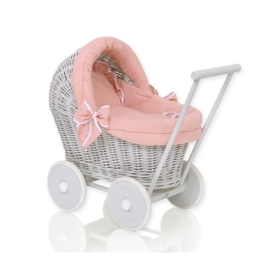 Dukkevogn Grå Flet med sengesæt pink