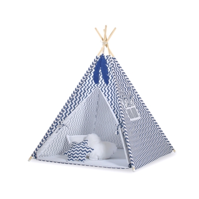Legesæt med tipi telt, tæppe  Mørk Blå Siksak