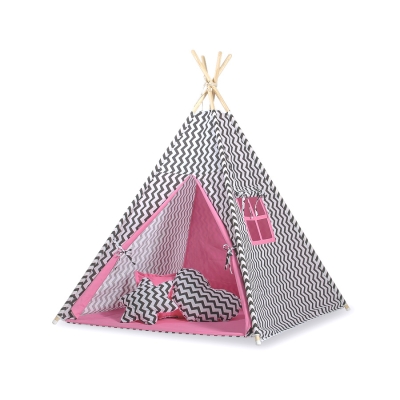Mega Sæt: Børne tipi telt med legetæppe og puder + dekorative fjer GRATIS!  Lyserød Sort Pink Siksak
