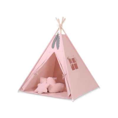 Mega Sæt: Børne tipi telt med legetæppe og puder + dekorative fjer GRATIS!  Støvet Pink
