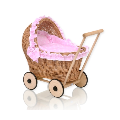 Naturlig flet dukkevogn  Lyserød Pink Polkaprikker