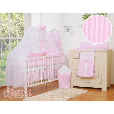 Sæt til babyseng i 11 dele - Hjerter  Lyserød Pink Striber