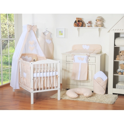 Sæt til babyseng i 7 dele med sengehimmel Hjerter  Beige Polkaprikker