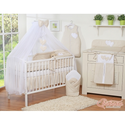 Sengesæt i 11 dele med myggenet-stativ - Hanging Hearts  Beige Polkaprikker