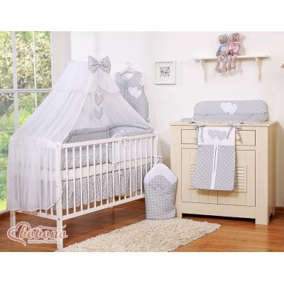 Sengesæt i 11 dele med myggenet-stativ - Hanging Hearts  Grå Polkaprikker