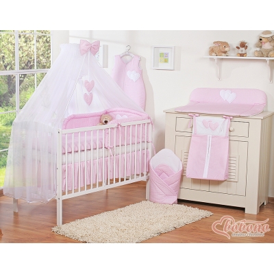 Sengesæt i 11 dele med myggenet-stativ - Hanging Hearts  Lyserød Pink Polkaprikker