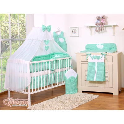 Sengesæt i 11 dele med myggenet-stativ - Hanging Hearts  Mint Polkaprikker