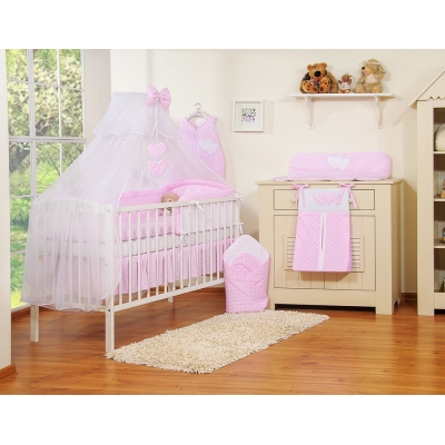 Sengesæt i 7 dele med myggenet-stativ - Hanging Hearts  Lyserød Pink Polkaprikker