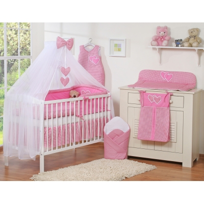 Sengesæt til tremmeseng i 5 dele med myggenet - Hanging Hearts  Lyserød Pink Ternet