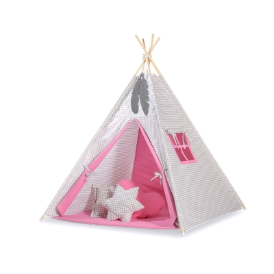 Teltsæt Tipi Telt Børn med legetæppe + puder sæt   Lyserød Grå Pink Ternet