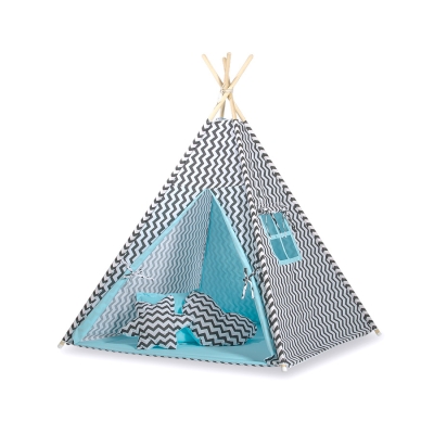 Teltsæt Tipi Telt Børn med legetæppe + puder sæt   Sort Blå Siksak