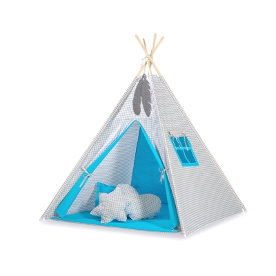 Tipi sæt til børn med legetæppe og puder  Grå Turkis Ternet