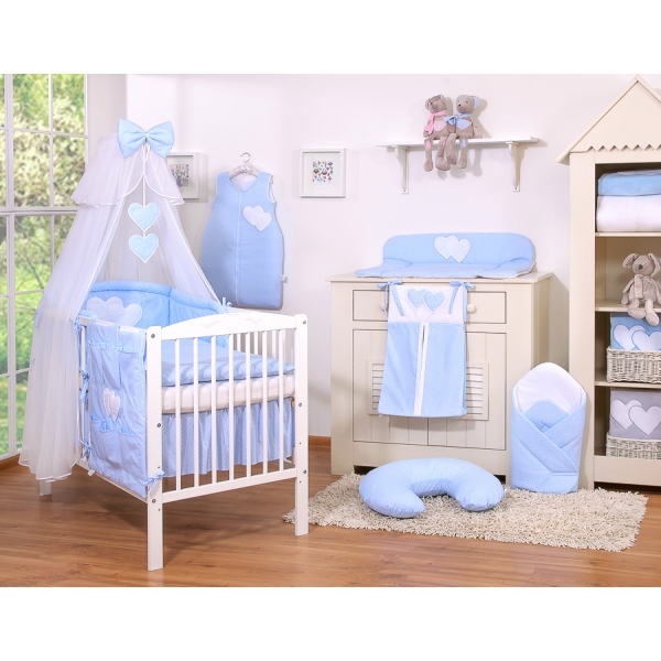 5-delt sengesæt til babyseng Hanging Hearts  Blå Polkaprikker