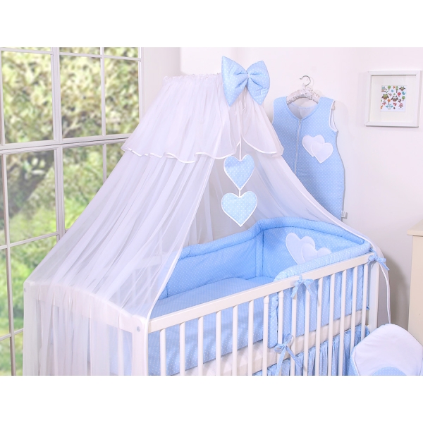 5-delt sengesæt til babyseng Hanging Hearts  Blå Polkaprikker