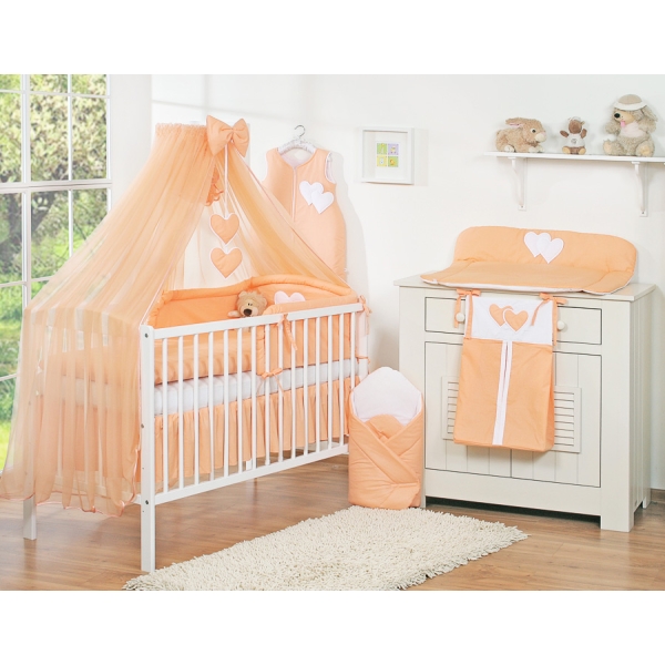 5-delt sengesæt til babyseng Hanging Hearts  Fersken