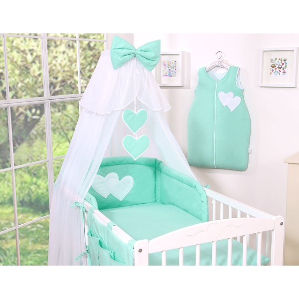 5-delt sengesæt til babyseng Hanging Hearts  Mint