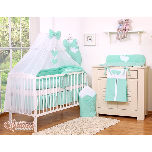 5-delt sengesæt til babyseng Hanging Hearts  Mint