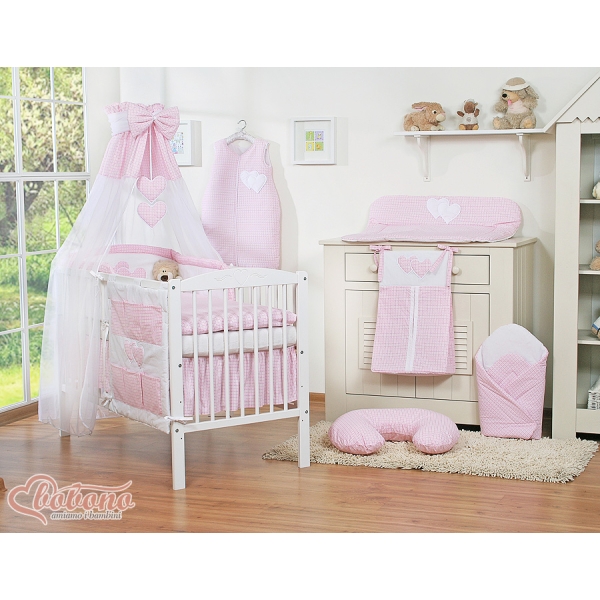 7-delt sengesæt i bomuld med sengehimmel Hearts  Lyserød Pink Ternet