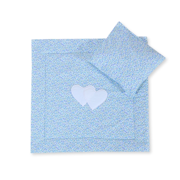 Baby barnevogn sengesæt i 2 dele - Hanging hearts  Blå Blomstereng Blomster