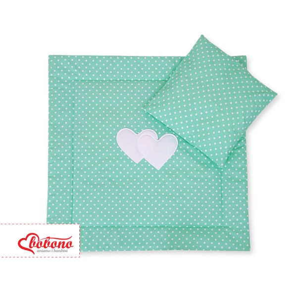 Baby barnevogn sengesæt i 2 dele - Hanging hearts  Mint Polkaprikker
