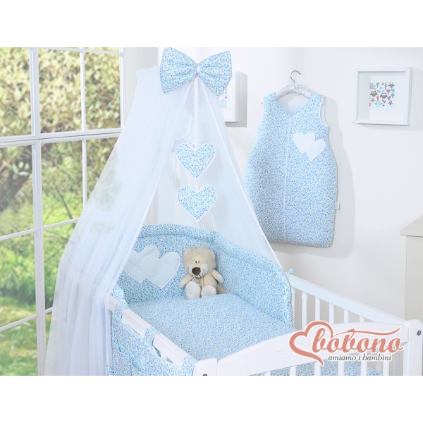 Baby seng myggenet lavet af tyl for tremmeseng - Hanging Hearts  Blå Blomstereng Blomster Sifonki
