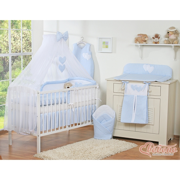 Baby seng myggenet lavet af tyl for tremmeseng - Hanging Hearts  Blå Ternet Sifonki