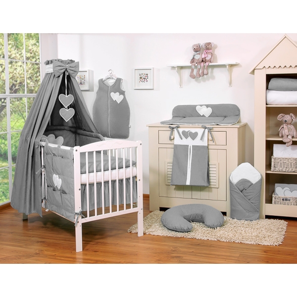 Baby sengehimmel lavet af bomuld for tremmeseng - Hanging Hearts  Antracit
