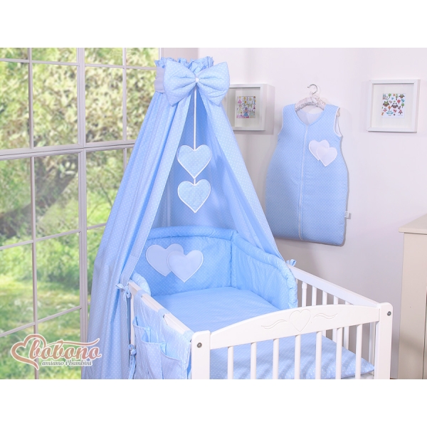 Baby sengesæt i 7 dele med sengehimmel - Hanging Hearts  Blå Polkaprikker