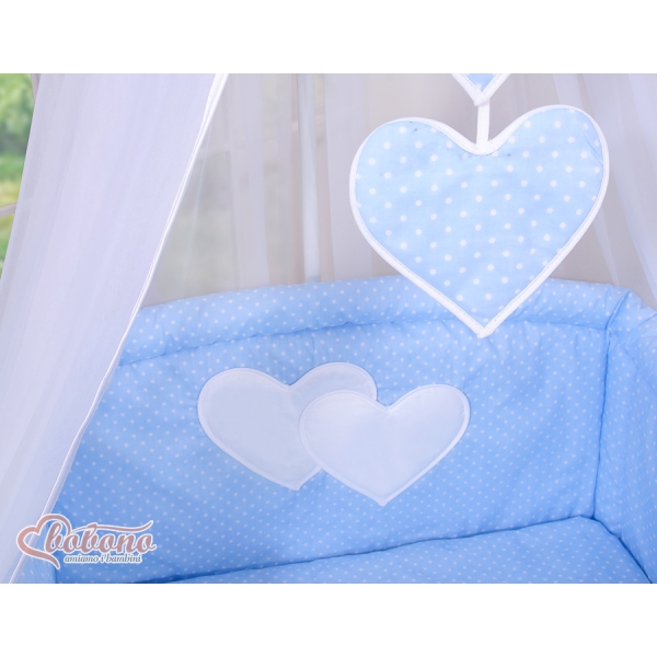 Baby sengesæt i 7 dele med sengehimmel - Hanging Hearts  Blå Polkaprikker