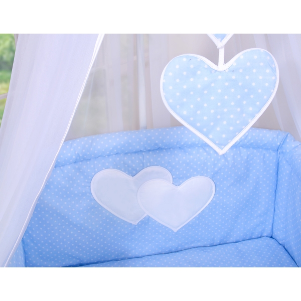 Baby sengesæt i 7 dele med sengehimmel - Hanging Hearts  Blå Polkaprikker