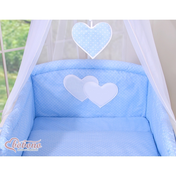 Baby sengesæt i 7 dele med sengehimmel - Hanging Hearts  Blå Polkaprikker