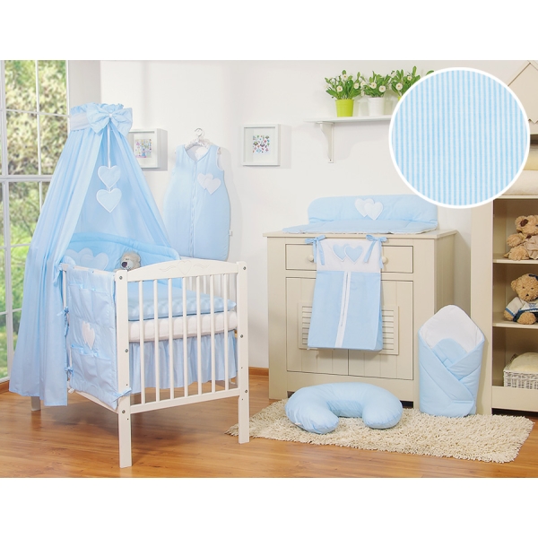 Baby sengesæt i 7 dele med sengehimmel - Hanging Hearts  Blå Striber
