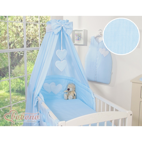 Baby sengesæt i 7 dele med sengehimmel - Hanging Hearts  Blå Striber