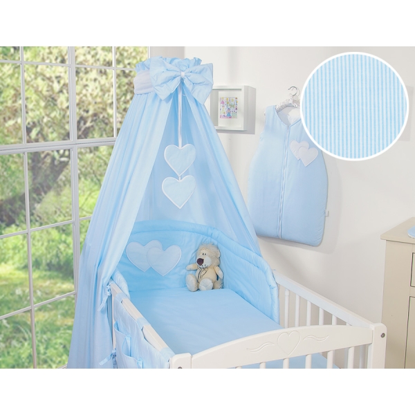 Baby sengesæt i 7 dele med sengehimmel - Hanging Hearts  Blå Striber