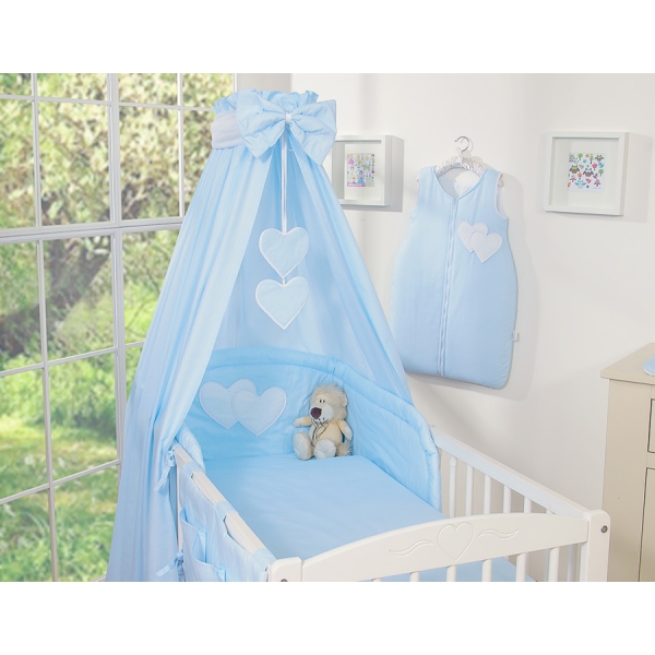 Baby sengesæt i 7 dele med sengehimmel - Hanging Hearts  Blå Striber