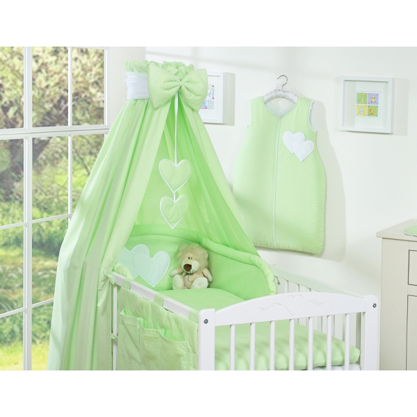 Baby sengesæt i 7 dele med sengehimmel - Hanging Hearts  Grøn