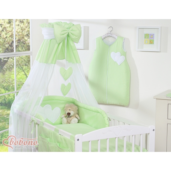 Baby sengesæt i 7 dele med sengehimmel - Hanging Hearts  Grøn