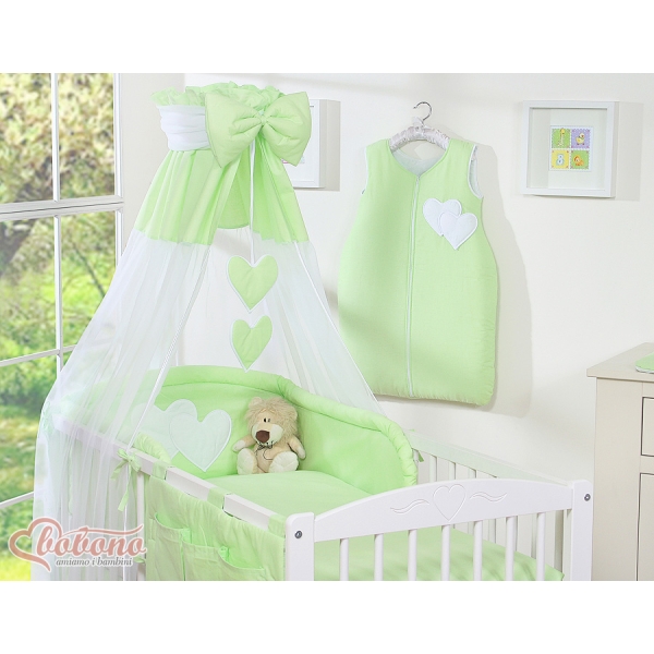 Baby sengesæt i 7 dele med sengehimmel - Hanging Hearts  Grøn