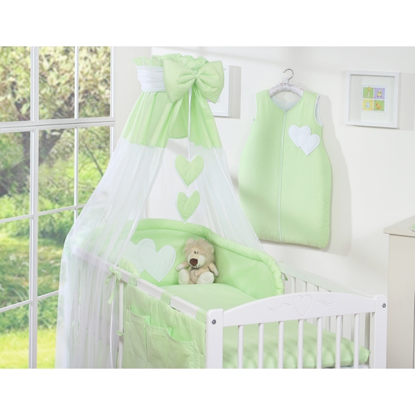 Baby sengesæt i 7 dele med sengehimmel - Hanging Hearts  Grøn