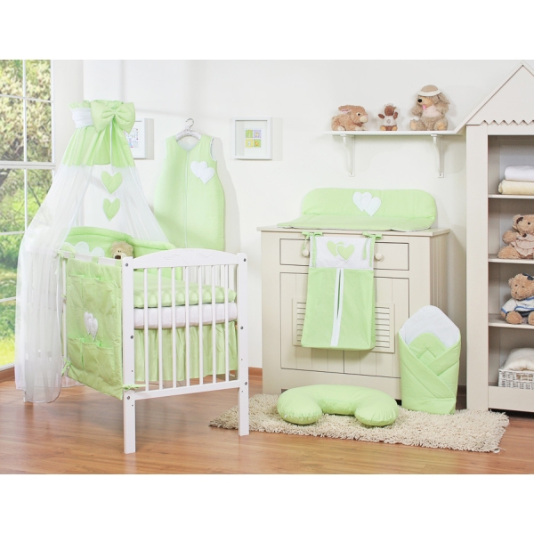 Baby sengesæt i 7 dele med sengehimmel - Hanging Hearts  Grøn