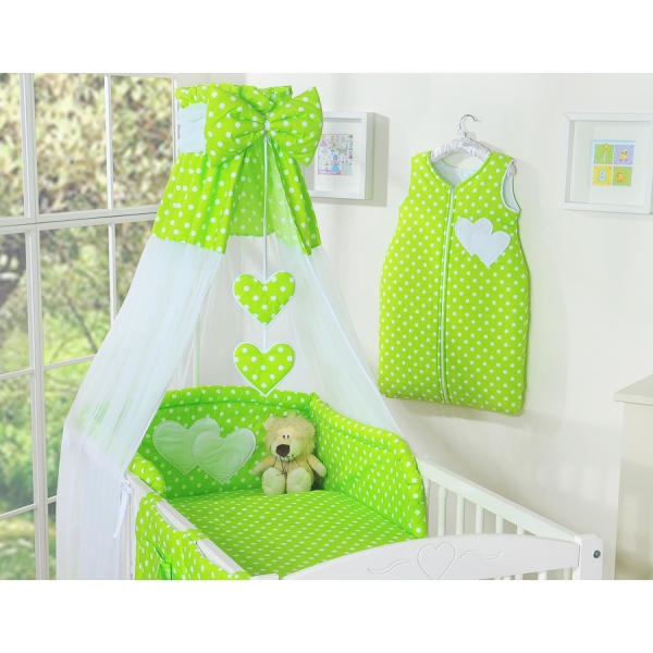 Baby sengesæt i 7 dele med sengehimmel - Hanging Hearts  Grøn Polkaprikker